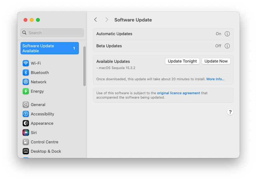 macOS Software Update showing Available Updates macOS Sequioia 15.3.2