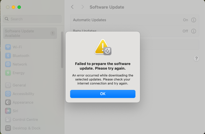 macOS System Settings Failed to prepare the software update