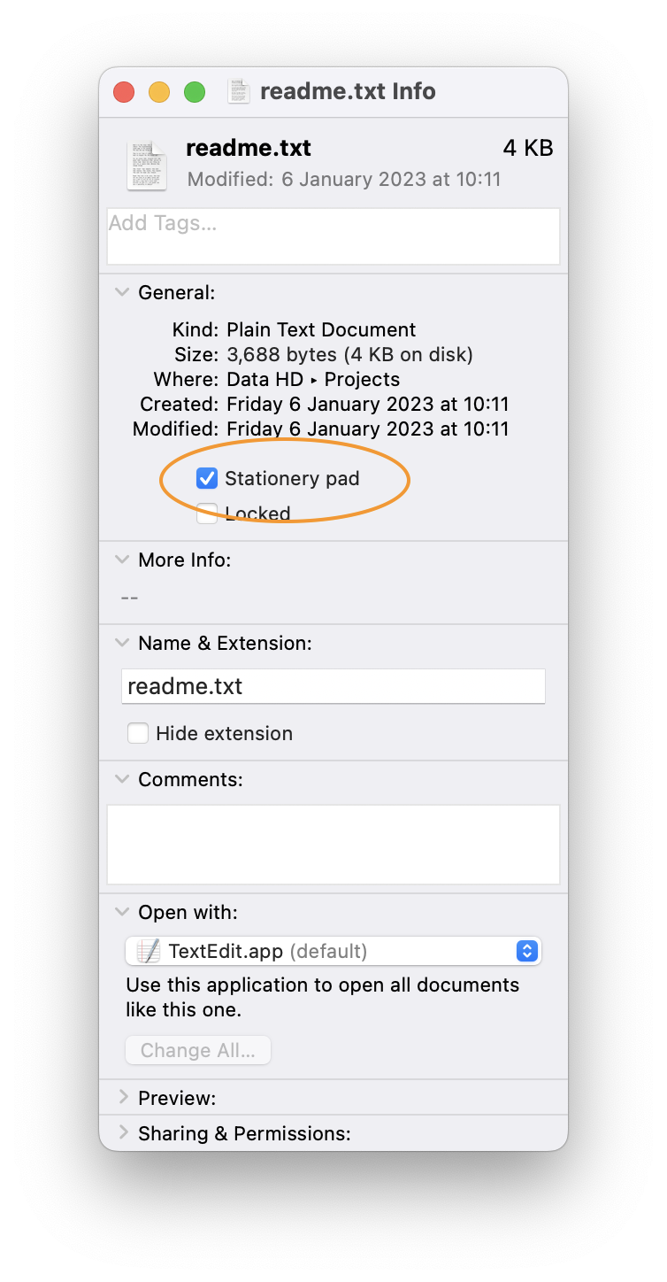 macOS Get Info screenshot highlghting the Stationery Pad checkbox