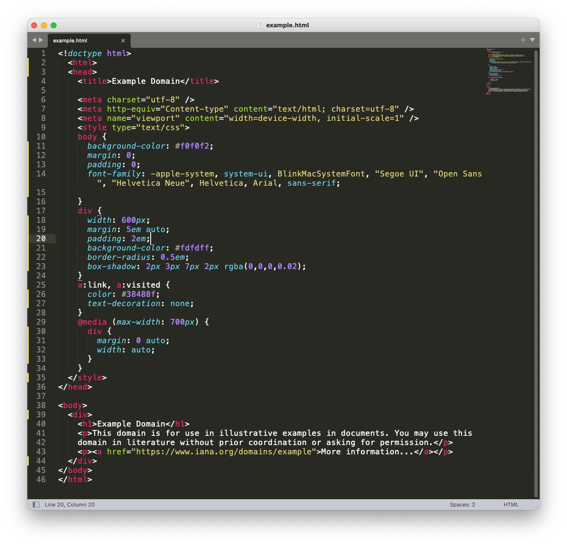 Sublime Text main screen screenshot with an example html file loaded for editing
