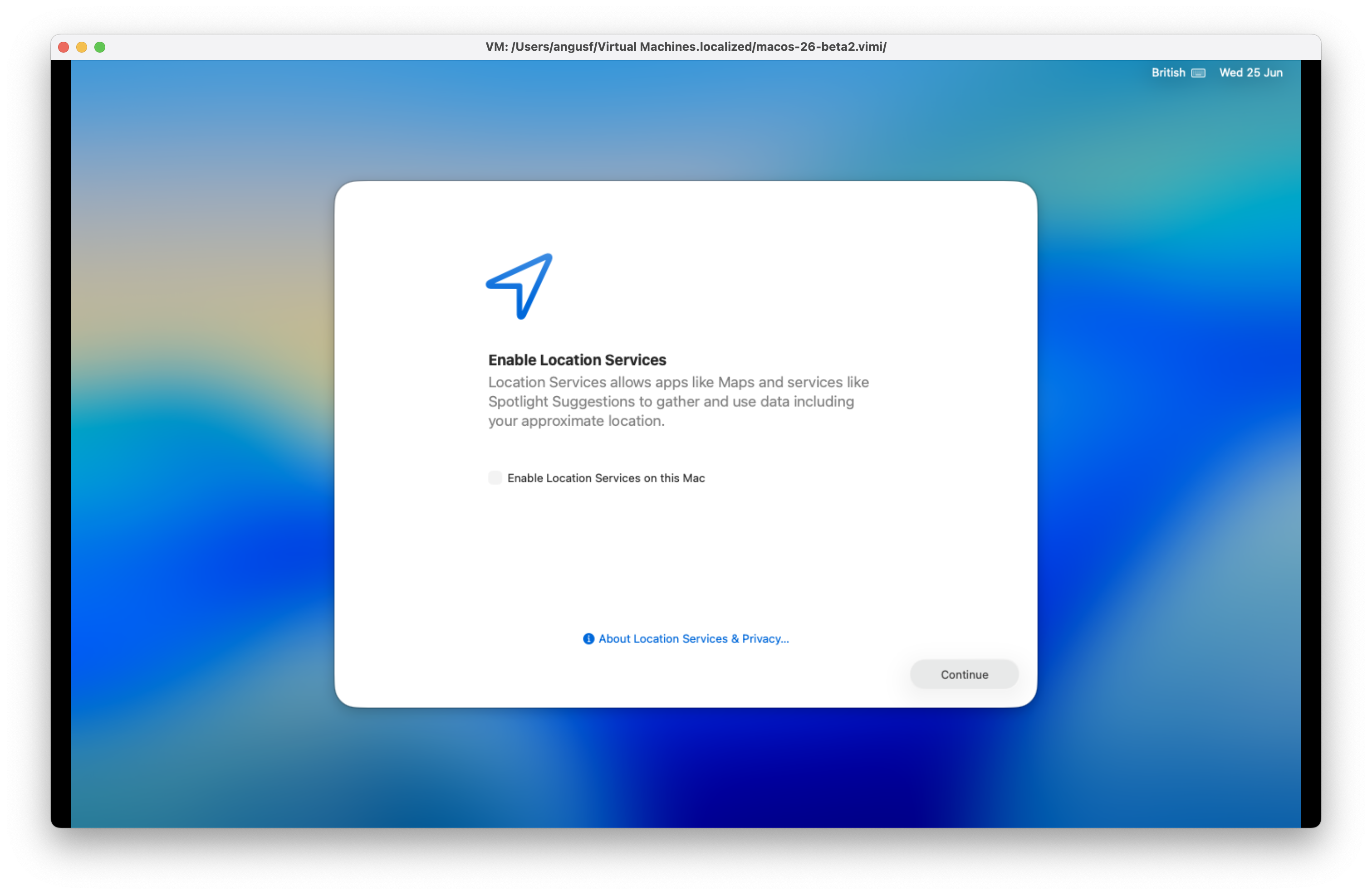 macOS 26 Tahoe Beta 2 - Enable location services