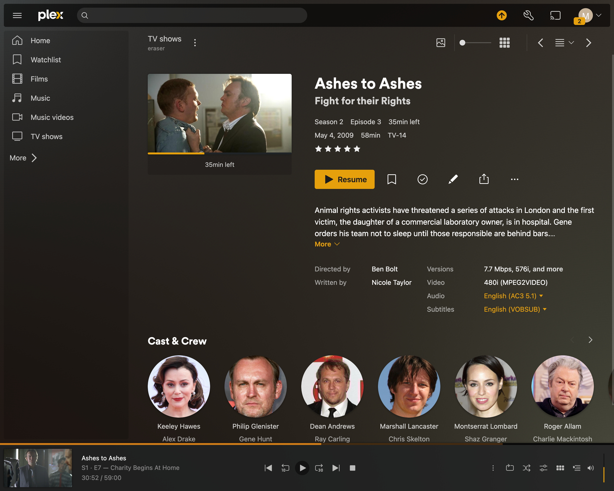 Plex with an episode of a TV show queued up to resume