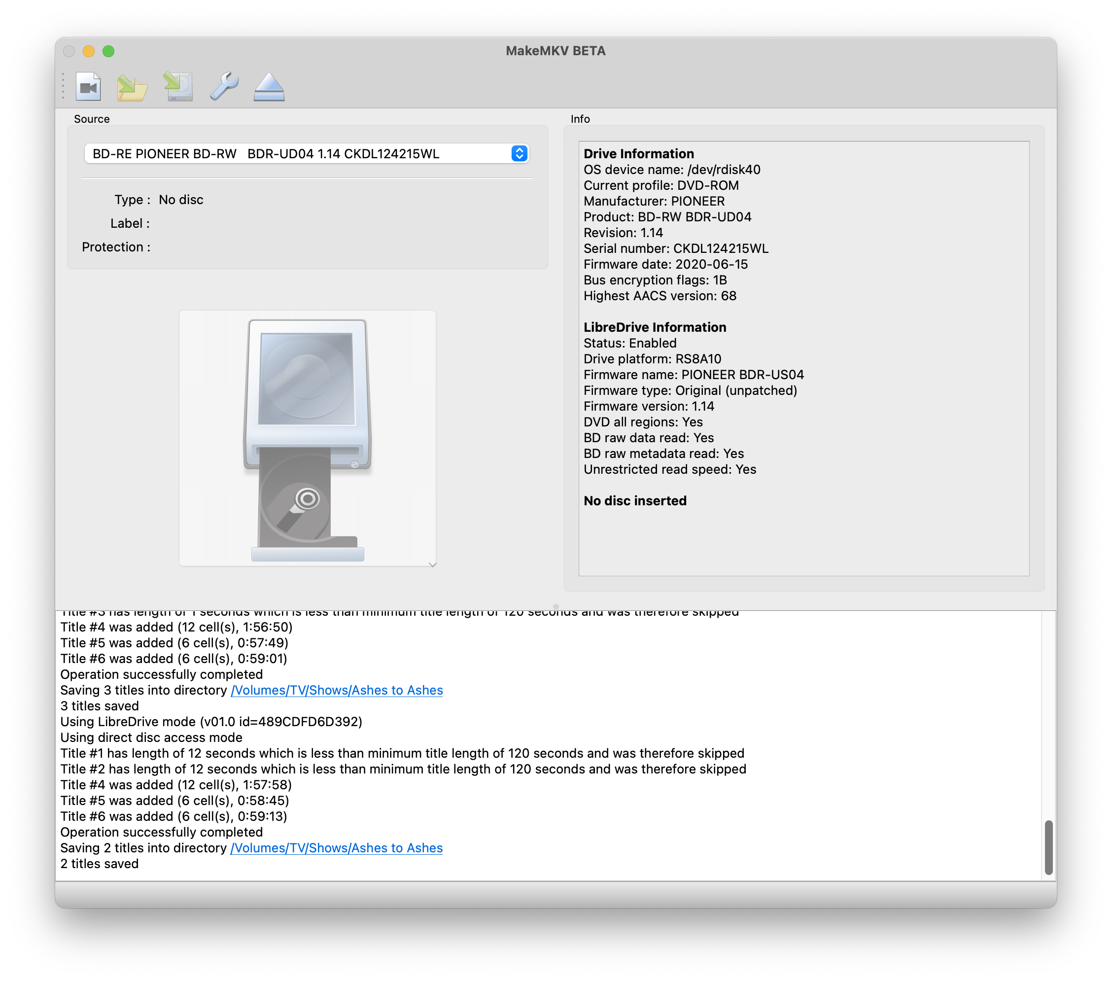 Screenshot of MakeMKV for macOS v1.17.8 darwin(arm64-release) 