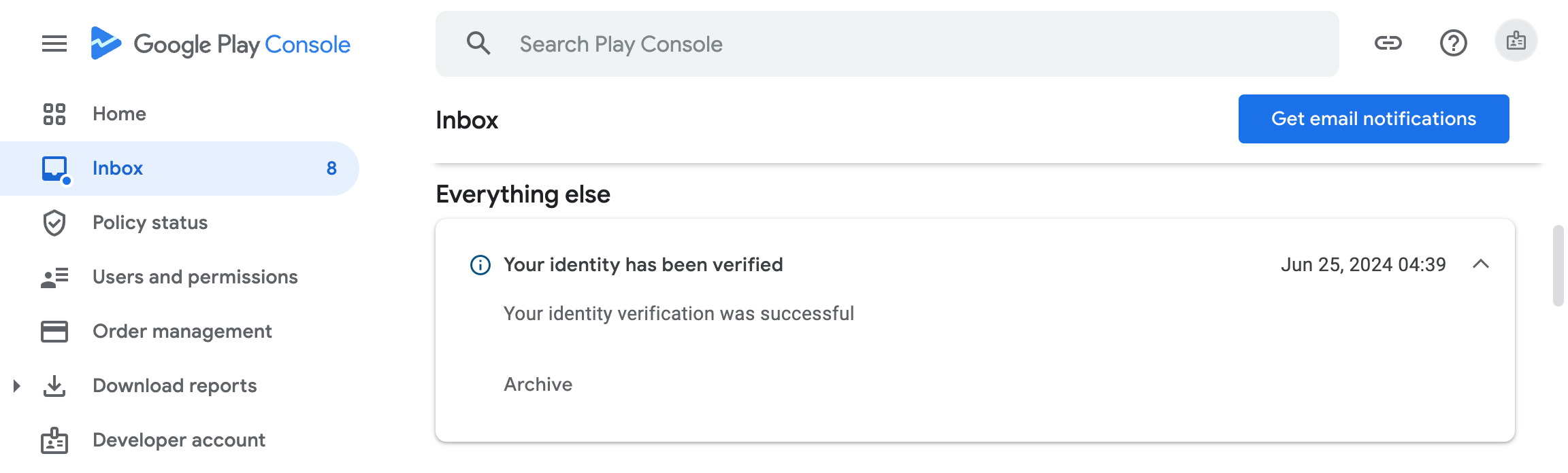 Google Play Console - Your identity has been verified Your identity verification was successful