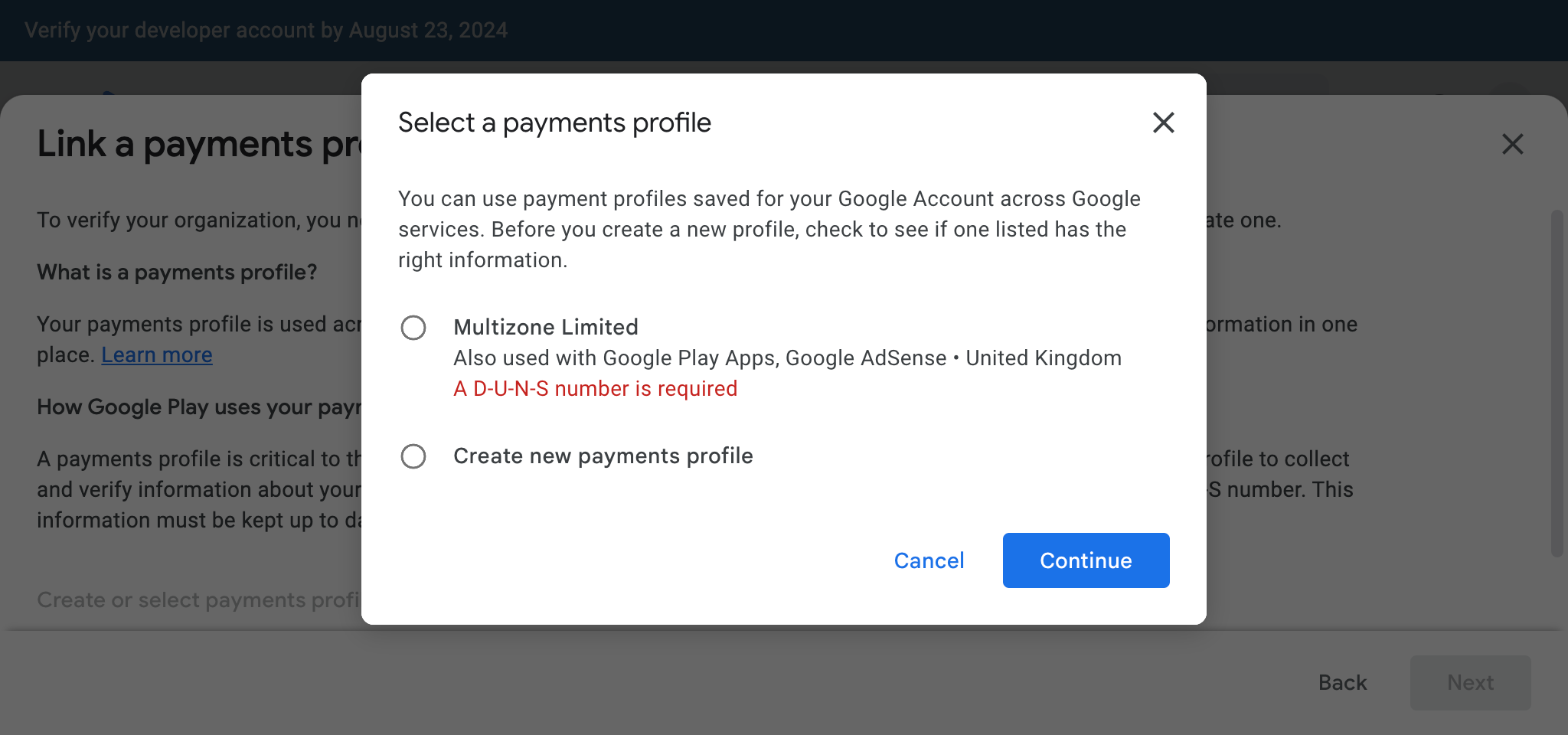 Google Play Console - App List - Select a payments profile