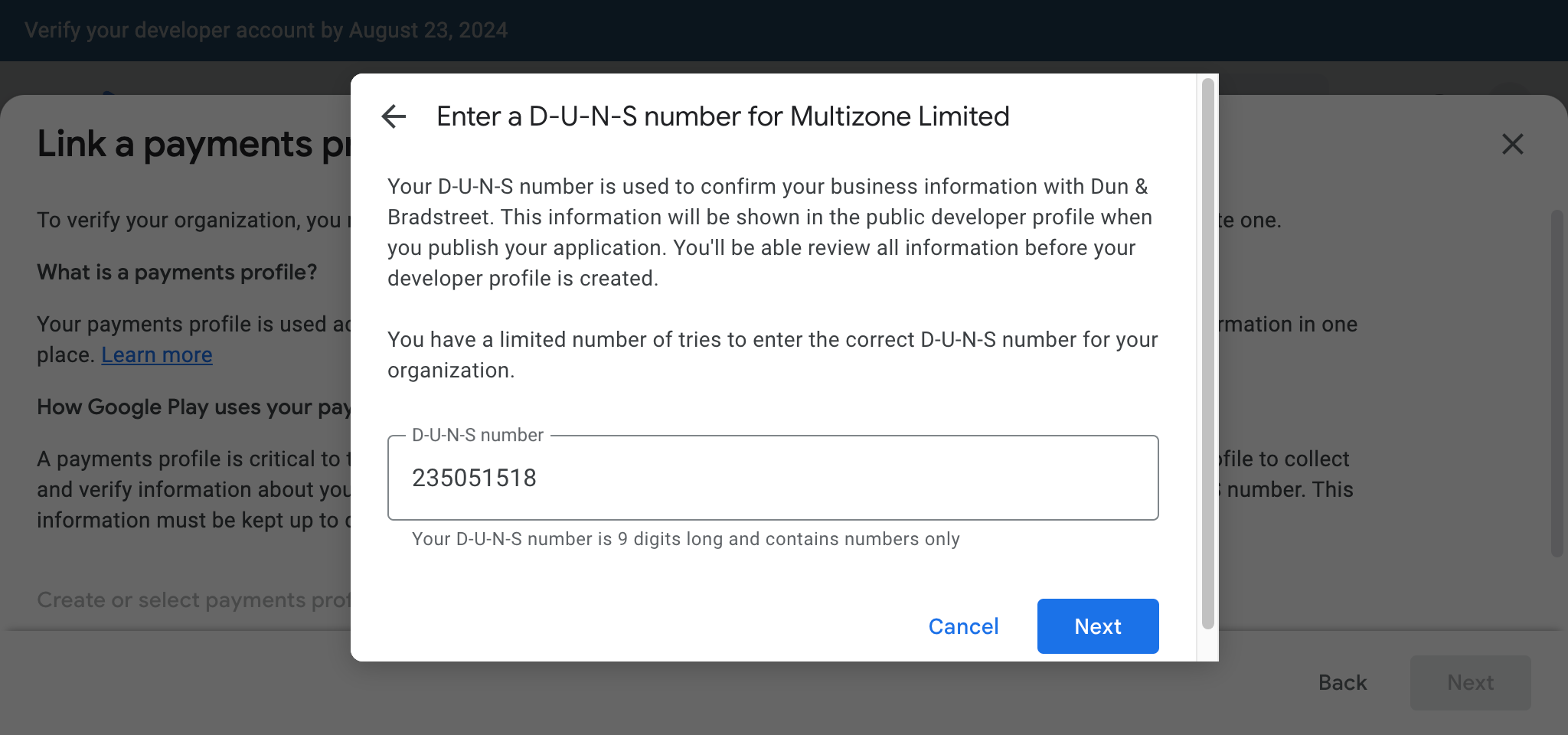 Google Play Console - App List - D-U-N-S number