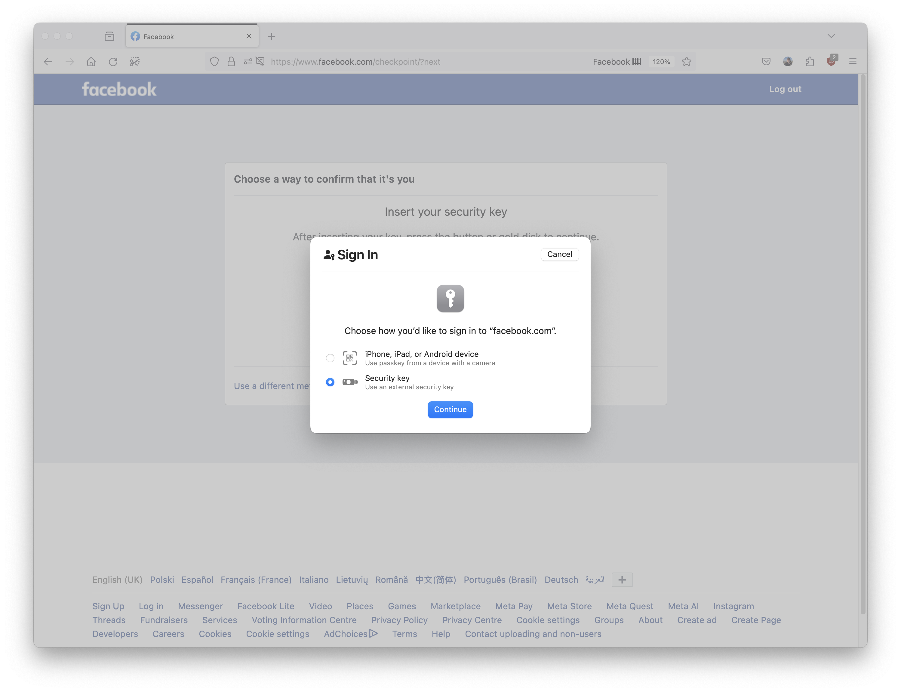 Facebook Sign in - Use an external security key
