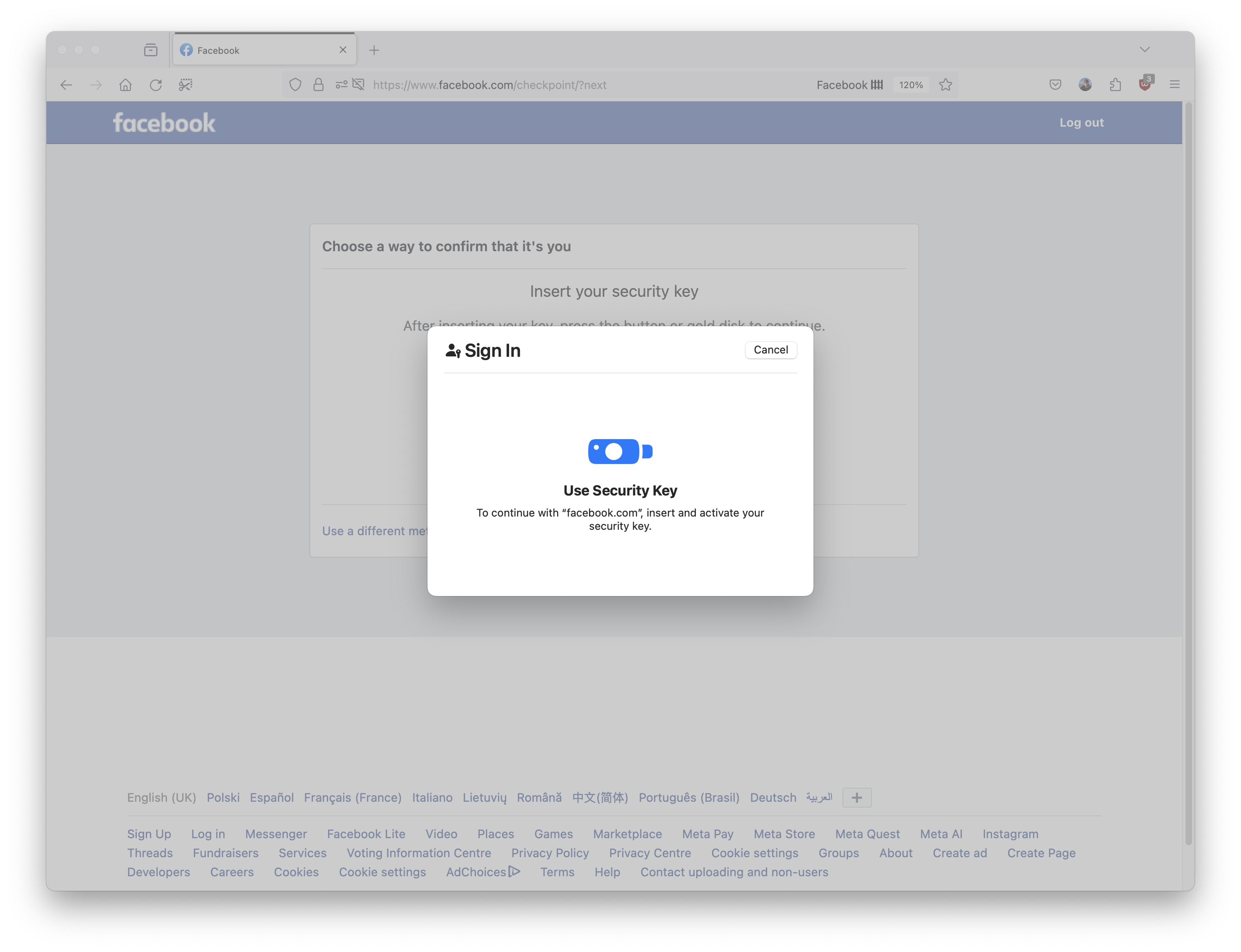 Facebook Sign in - Use security key to continue