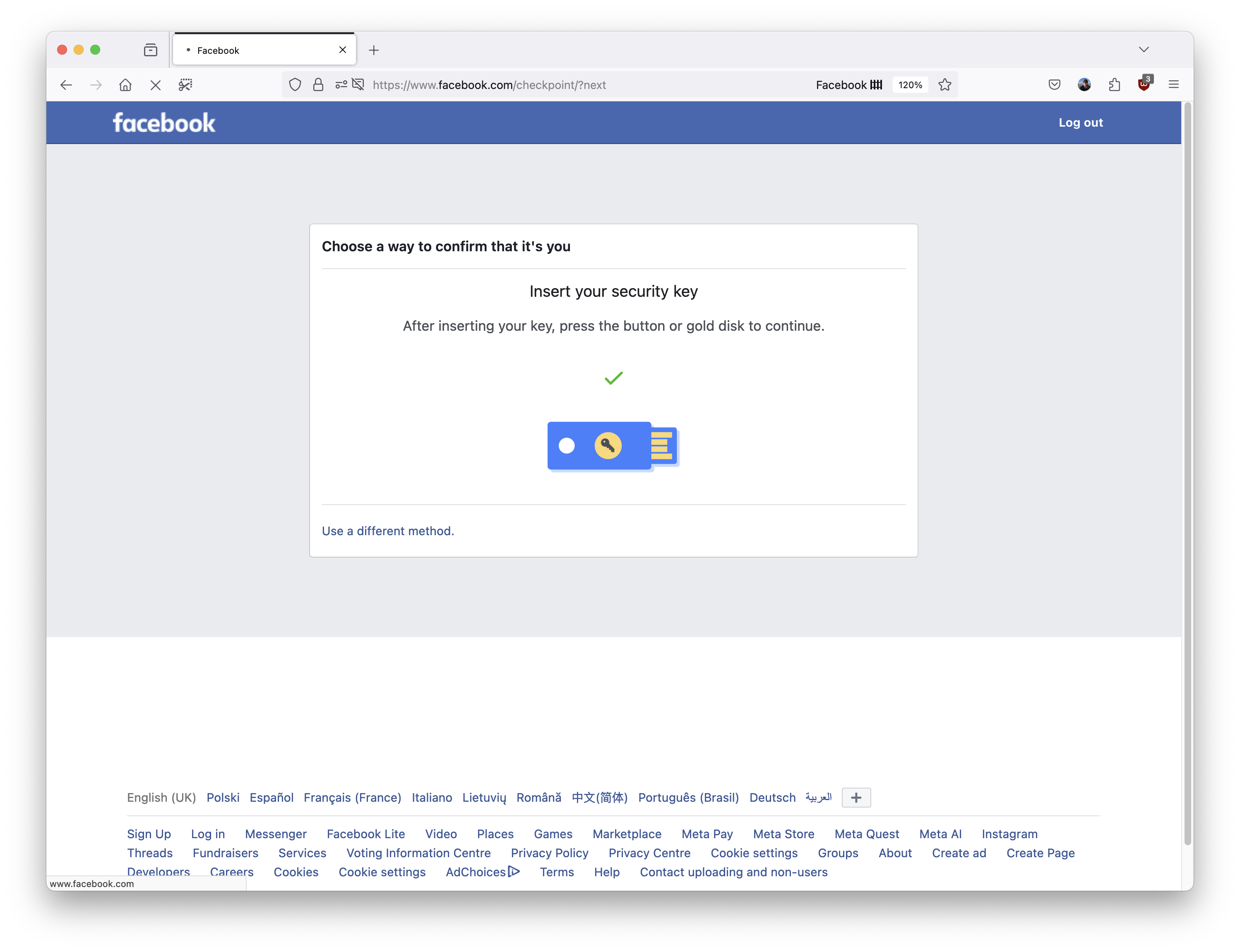 Facebook Sign in - Security key green tick
