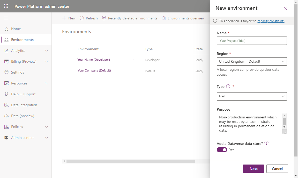 Creating a new trial environment in Power Platform Admin
