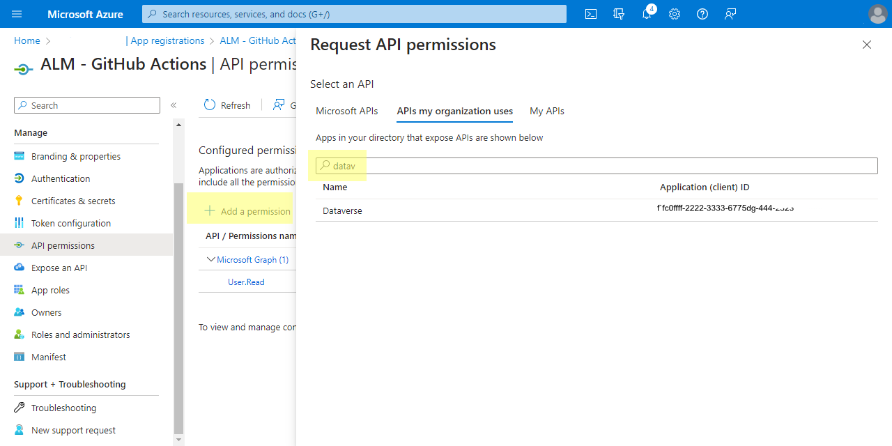 Azure "Request API permissions"
