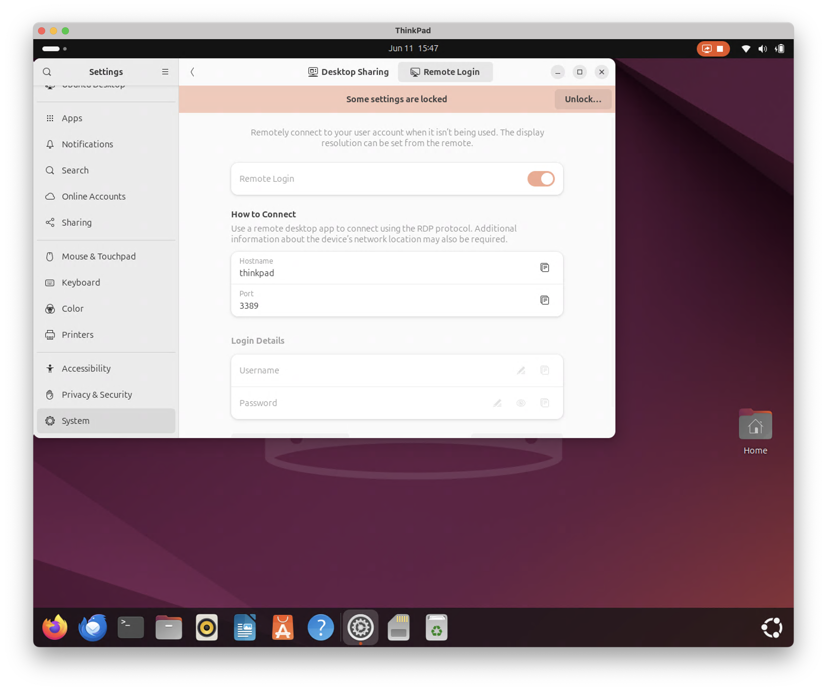 Gnome Remote Desktop System level settings settings screenshot