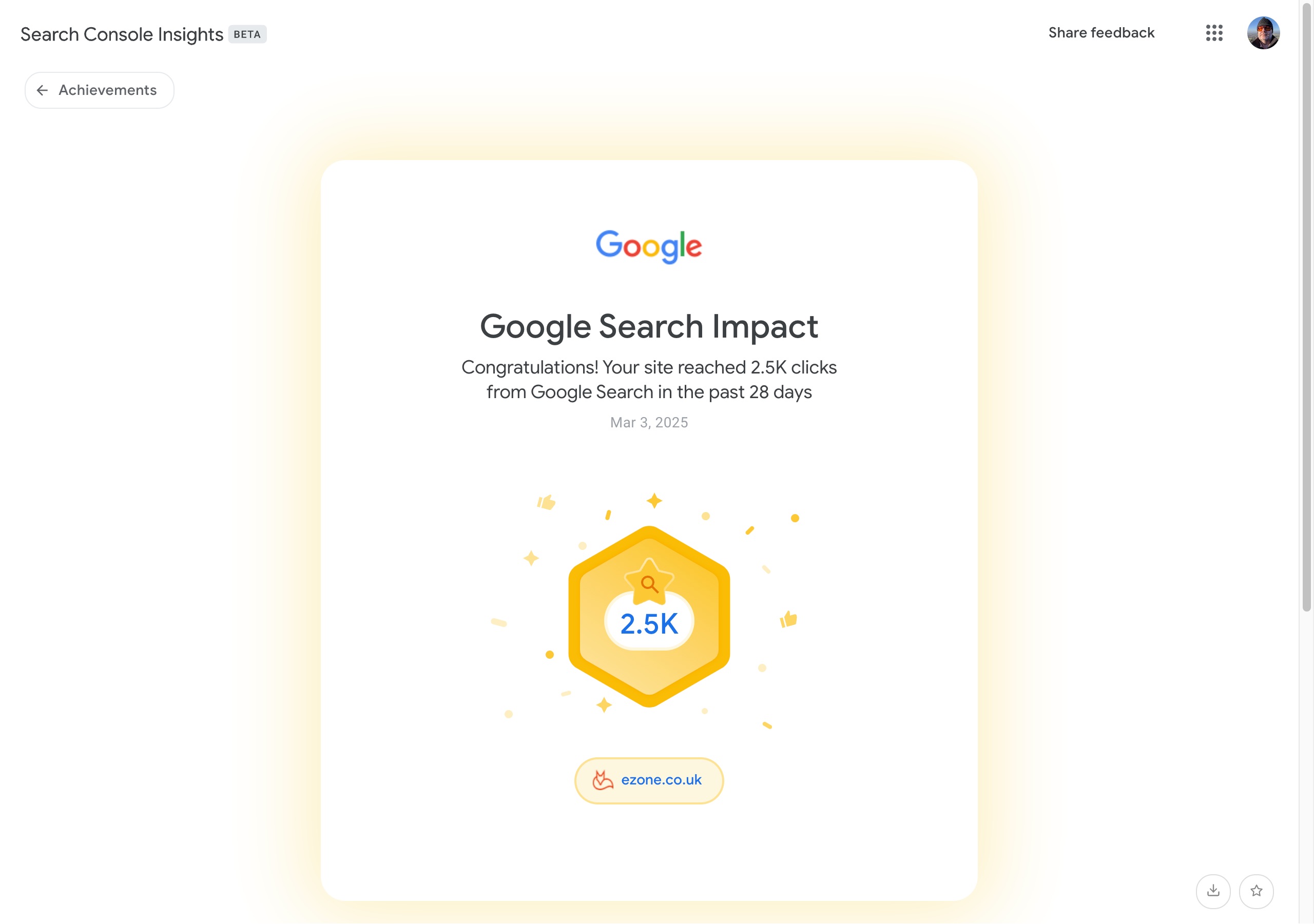 Google Search Impact Congratulations! Your site reached 2.5K clicks from Google Search in the past 28 days - Mar 3, 2025
