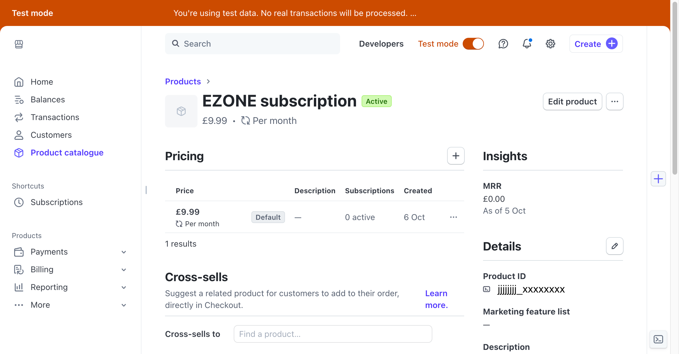 A Stripe subscription in Test mode (screenshot)