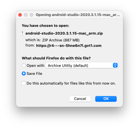 Screenshot of Android Studio download page