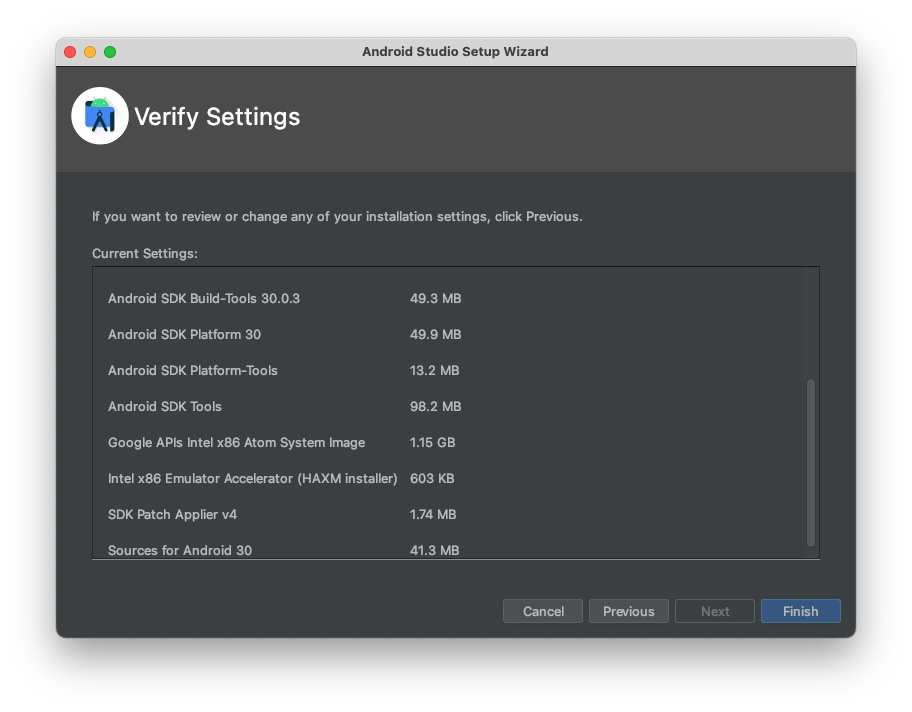 Screenshot of Android Studio - 'Verify Settings' and 'Finish' button highlighted