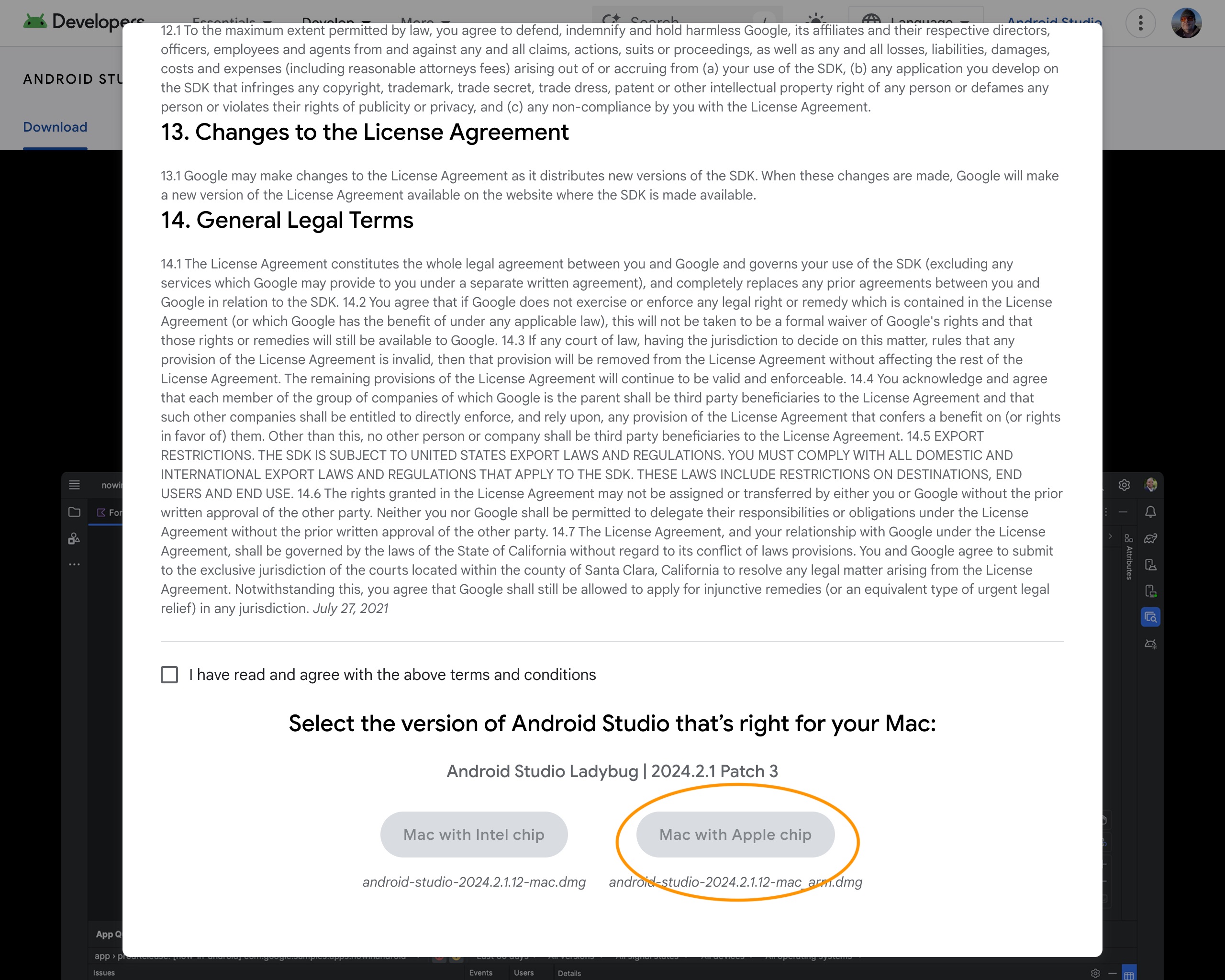 Choose the right download - Android Studio Ladybug
