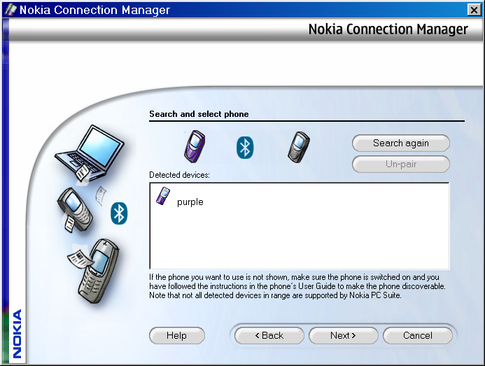 Nokia Connection Manager - Detected devices