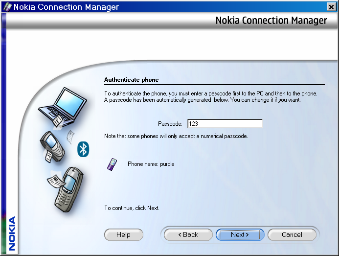 Nokia Connection Manager - Authenticate phone