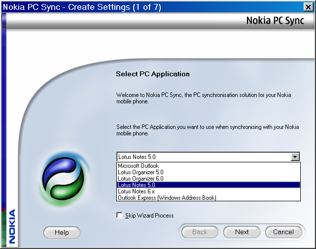 Nokia PC Sync - Select the Contact app