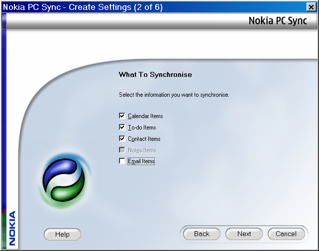 Nokia PC Sync - What to synchronise