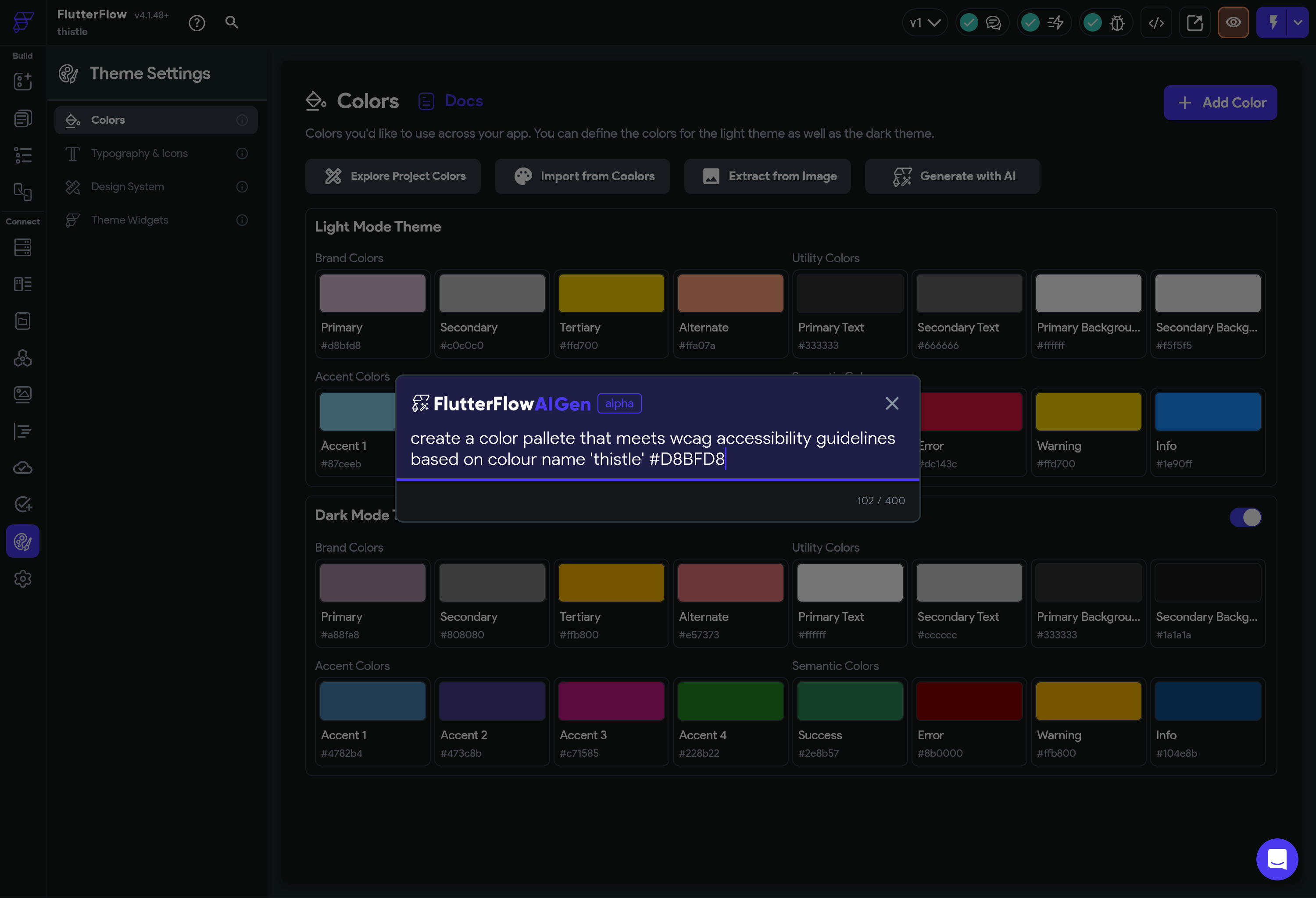 FlutterFlow AI prompt for colour generation for an app theme