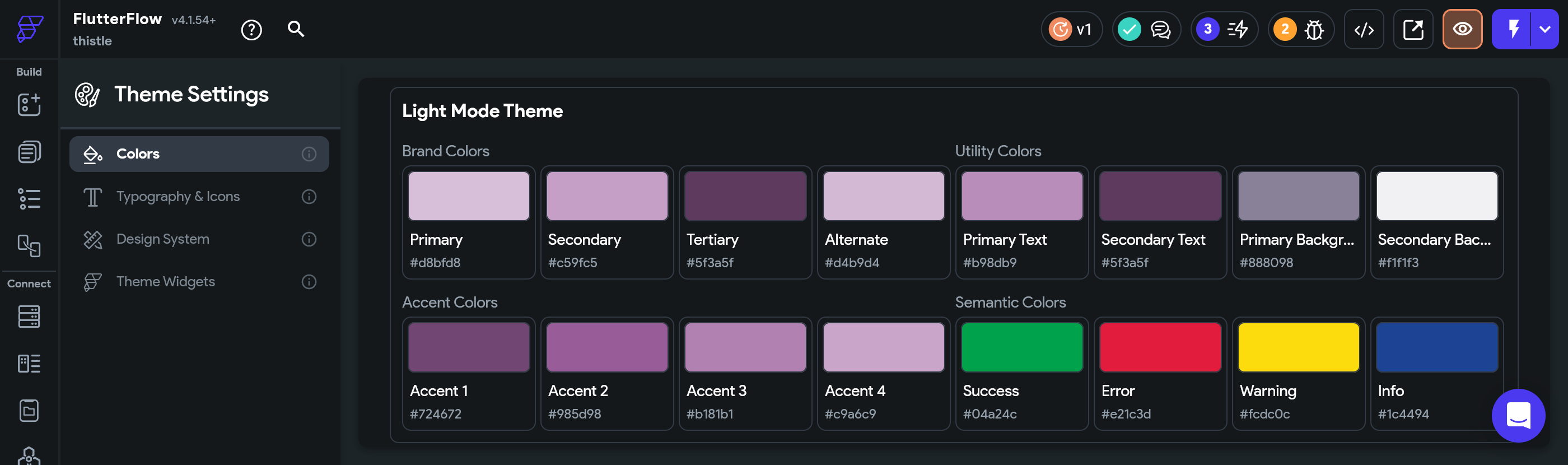 FlutterFlow Colour Theme settings