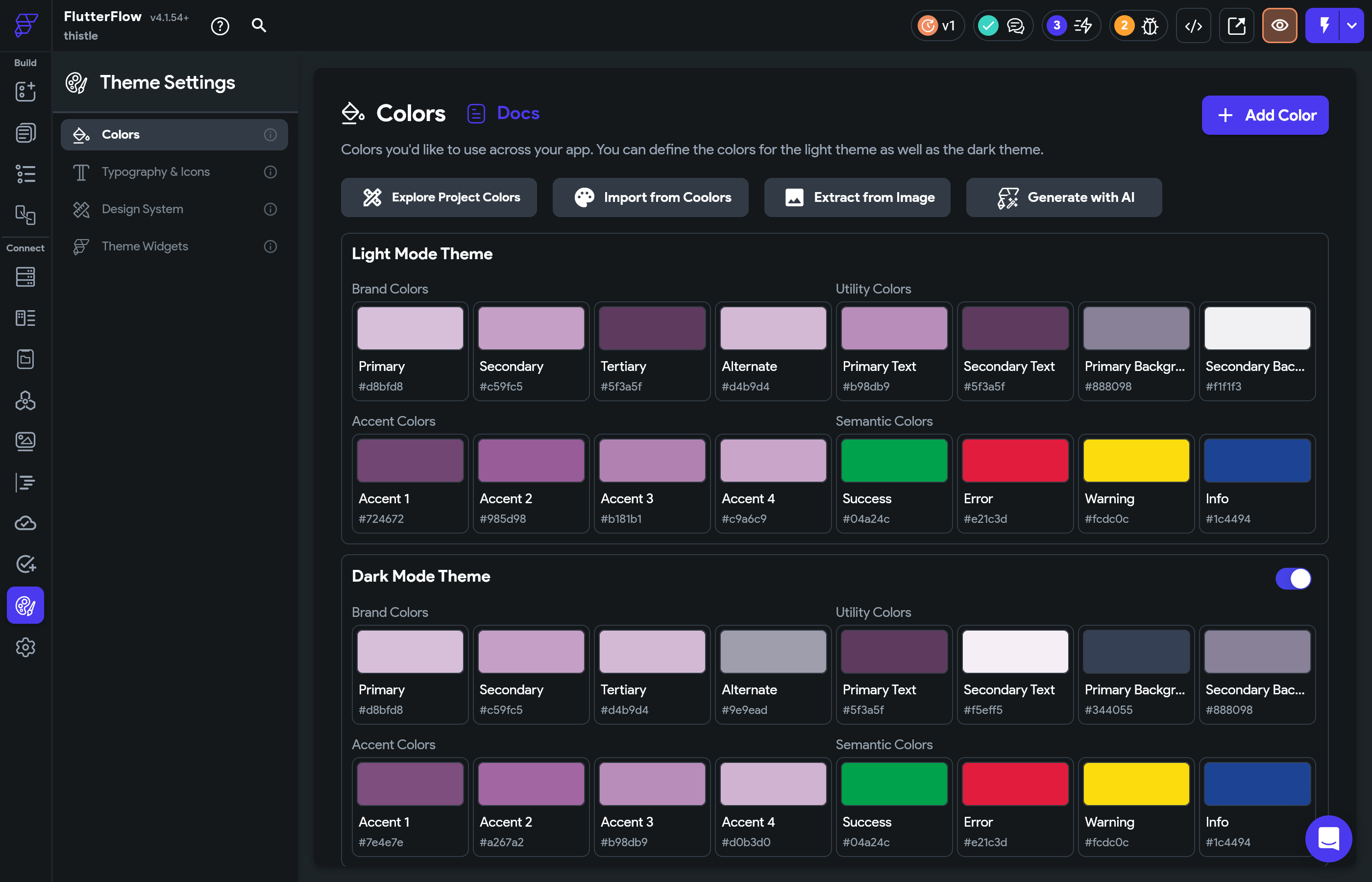 Finalised FlutterFlow Colour Theme settings