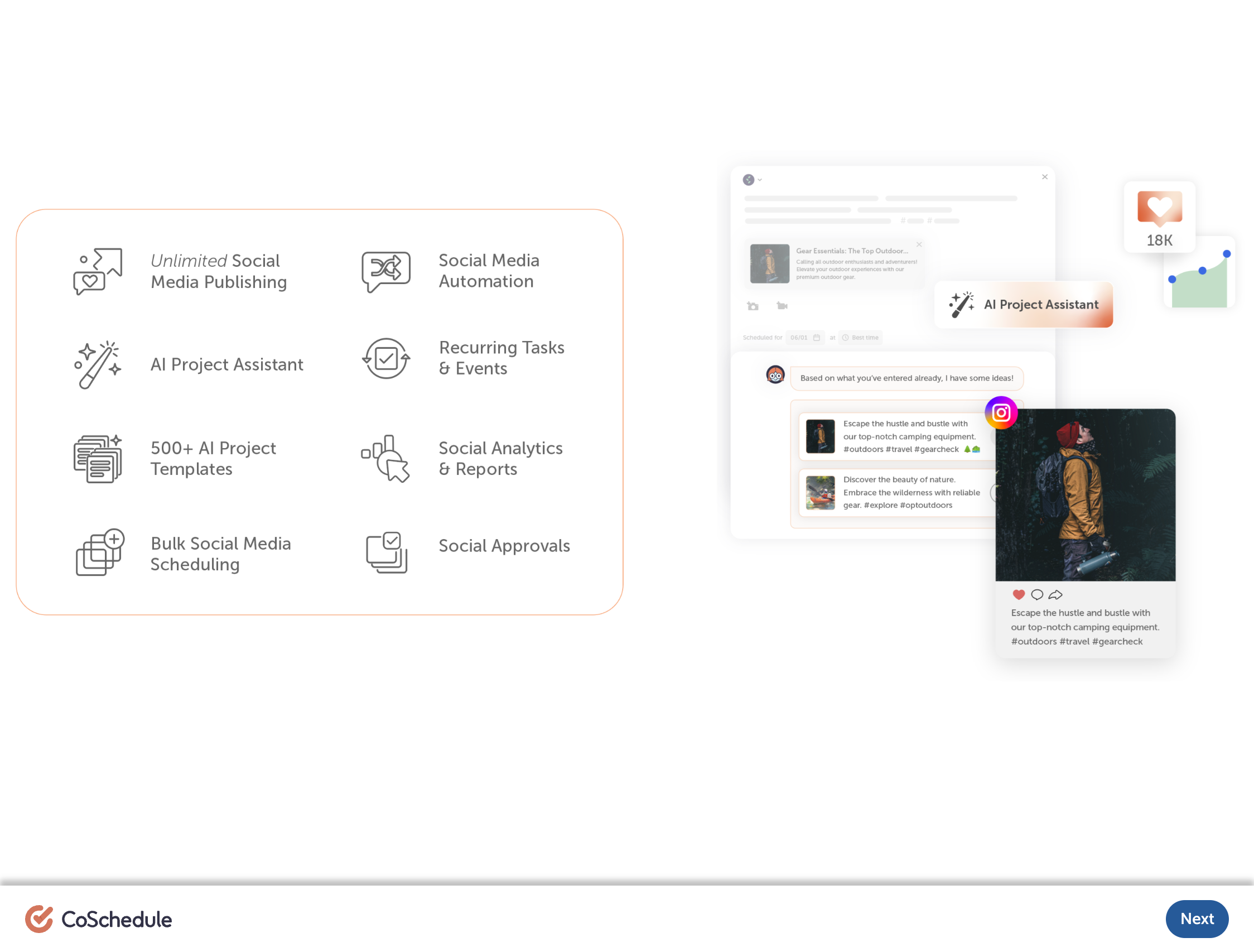 CoSchedule social calendar onboarding screen showing benefits
