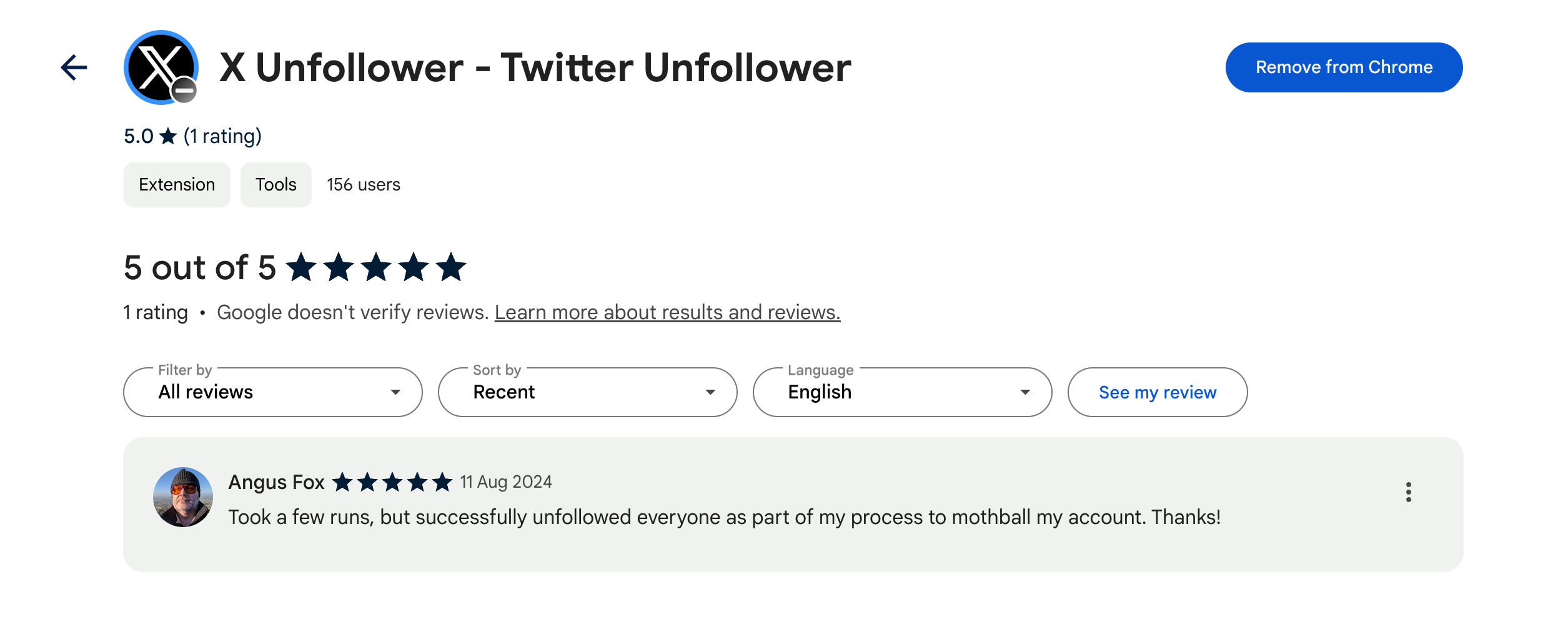 Screenshot of a 5 star review for X Unfollower - Twitter Unfollower