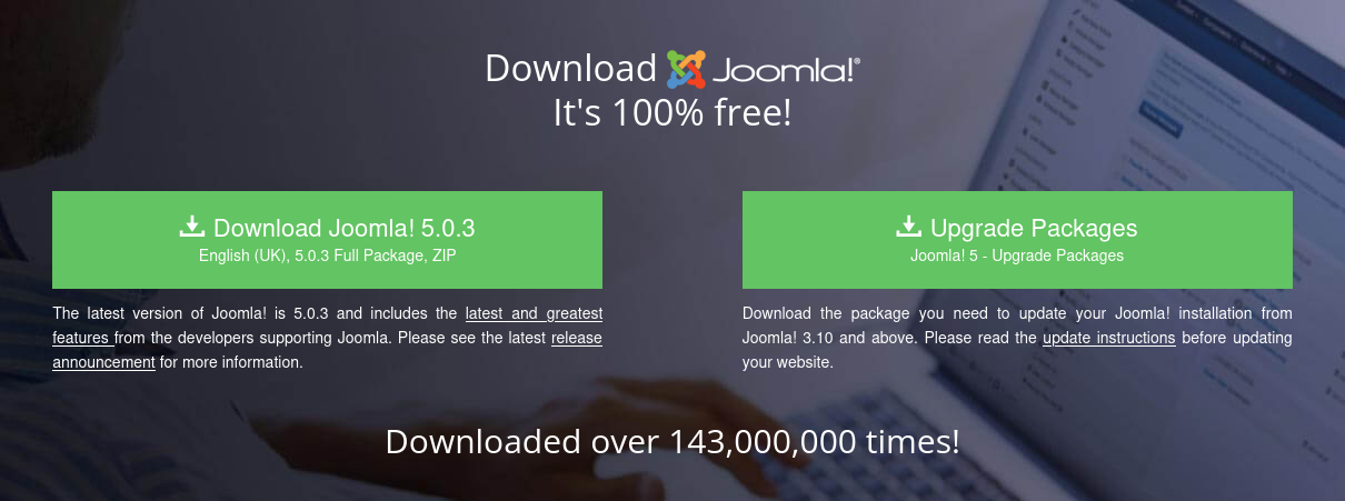 Screenshot of Joomla Downloads page