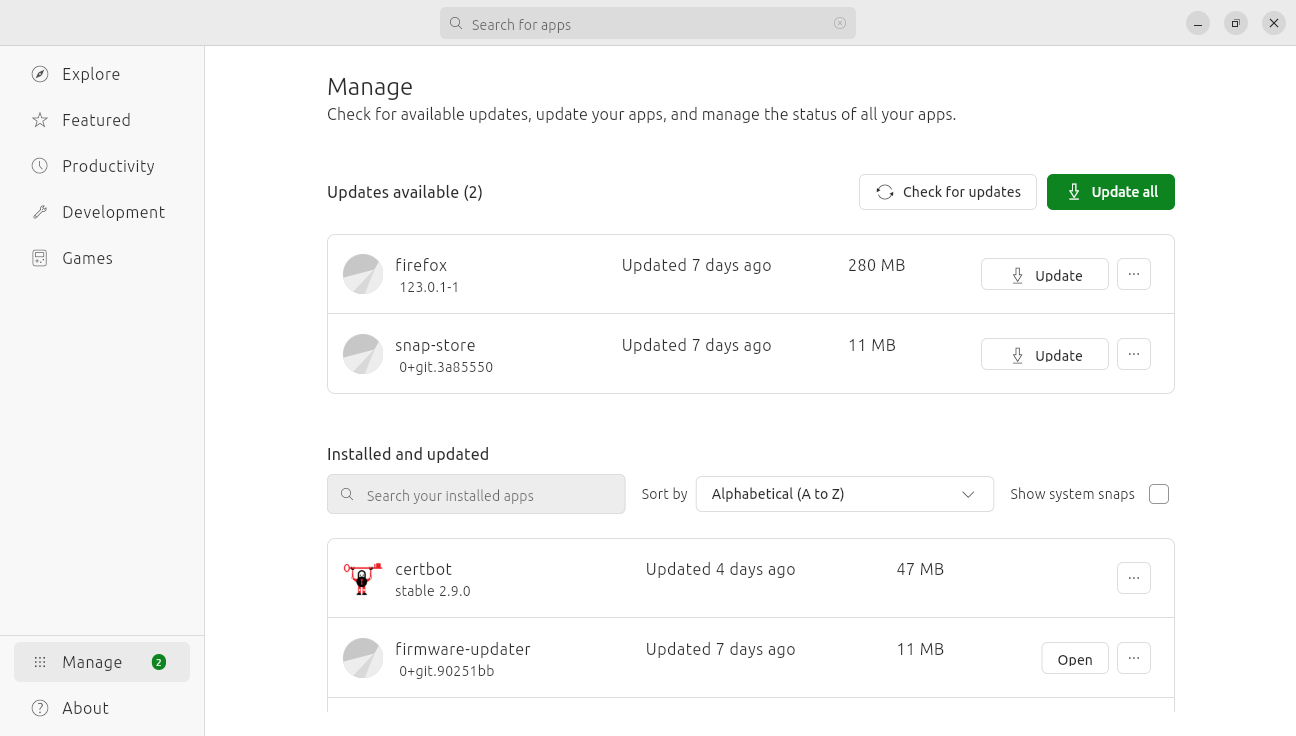 Ubuntu App Center, Manage updates