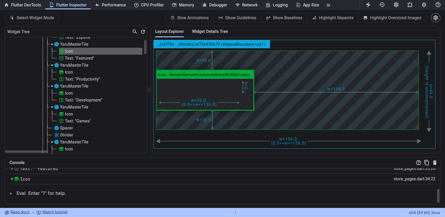 Flutter for Linux DevTools - Layout explorer on Ubuntu App Center
