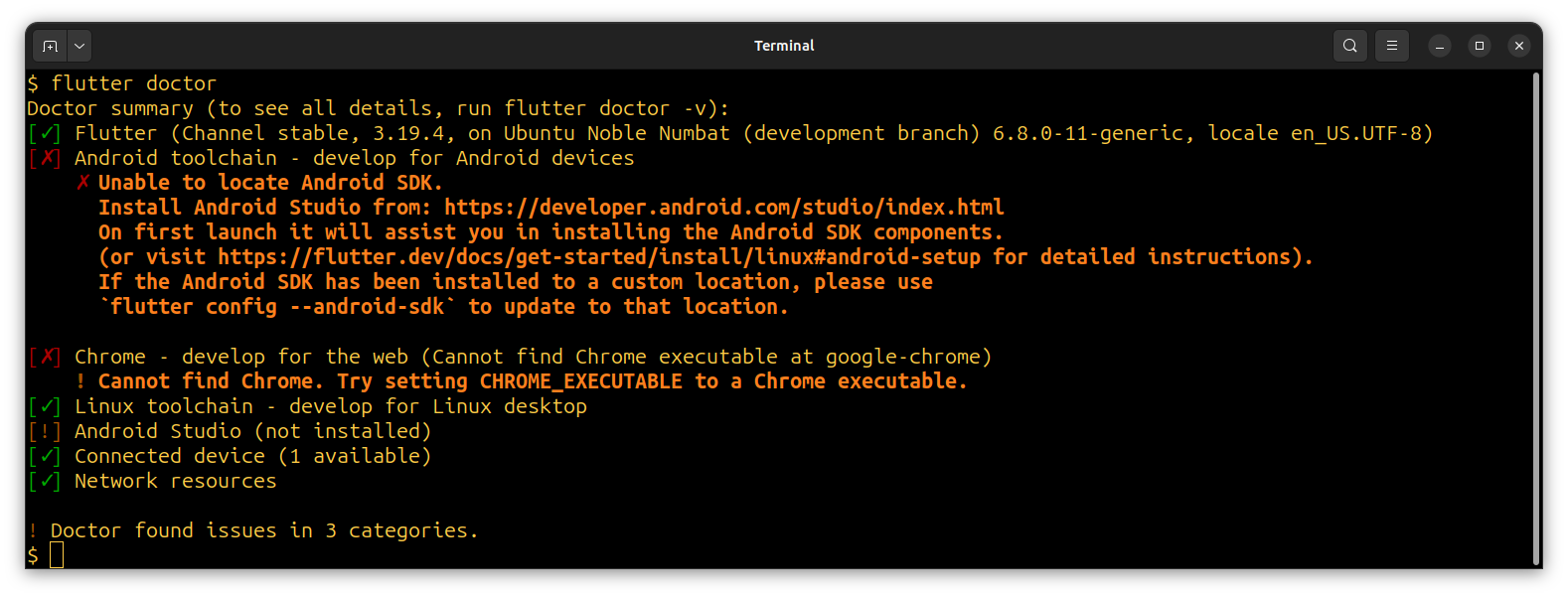 Ubuntu terminal - flutter doctor reports Linux toolchain ready