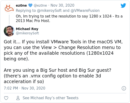 A tweet about setting the disply resolution on VMware Fusion