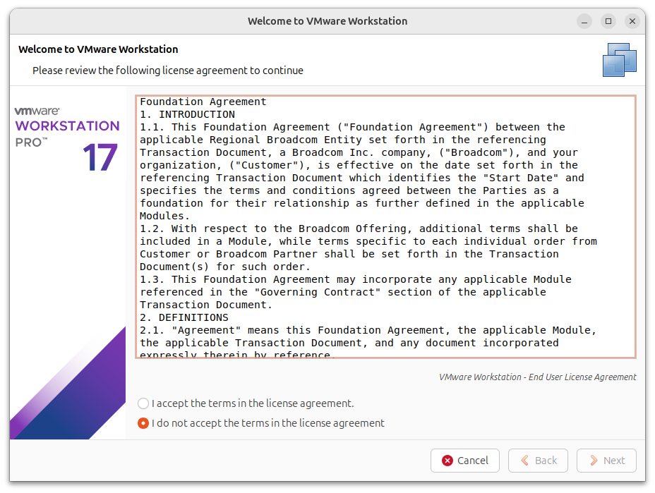 Broadcom EULA for VMware Workstation