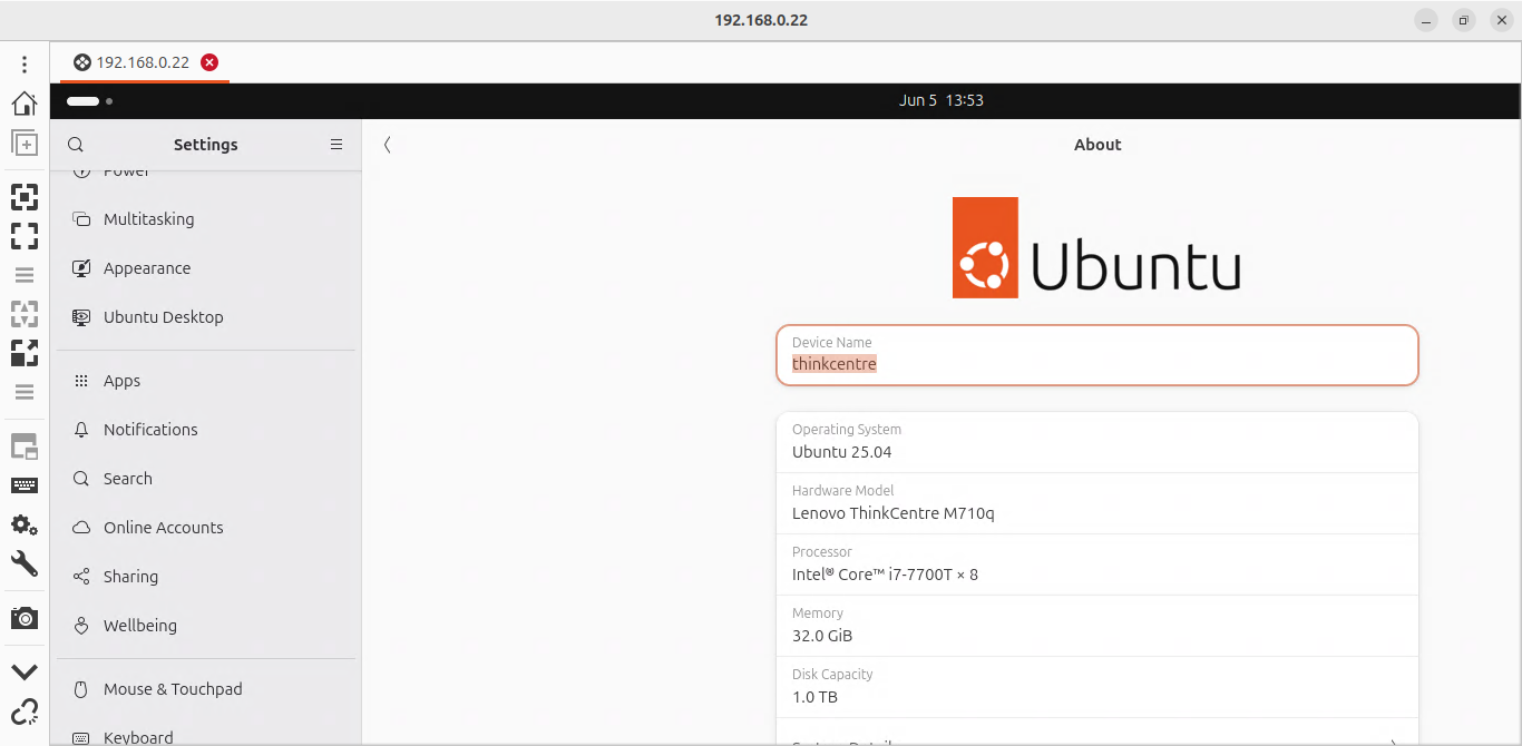 Remmina RDP client accessing my upgraded Ubuntu 25.04 computer