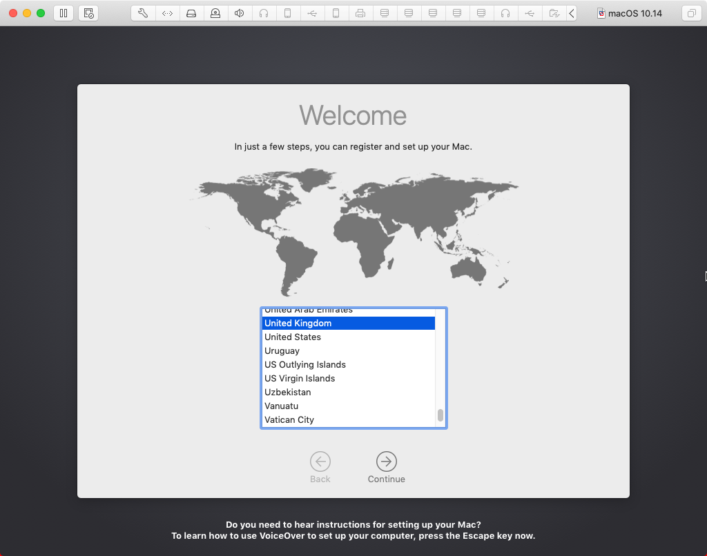 macOS regional setup screen
