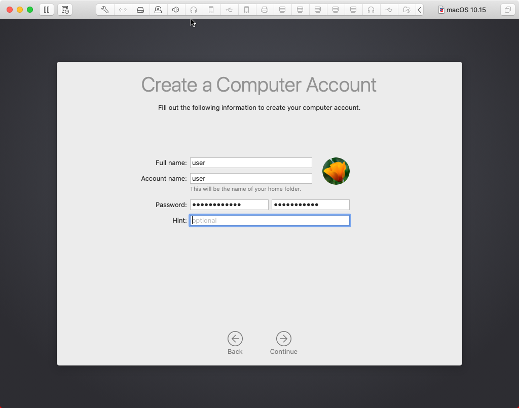 macOS account setup screen