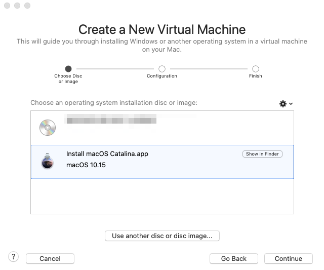 VMware Fusion new virtual machine screen