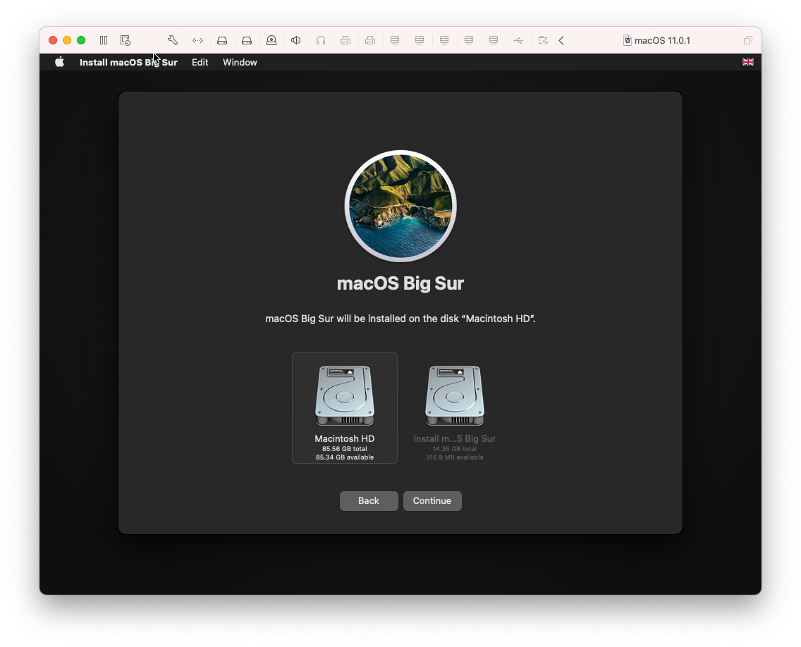 macOS disk selection screen