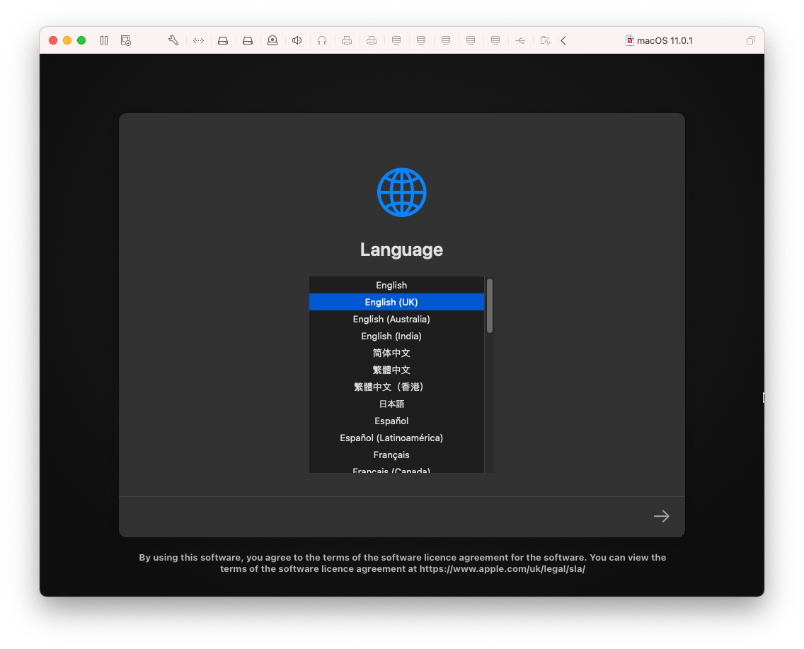 macOS Language screen