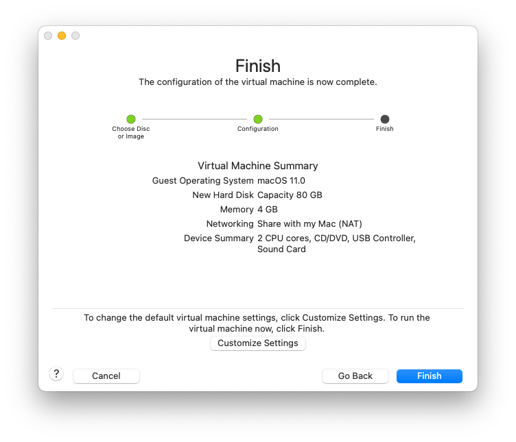 VMware Fusion Create new virtual machine screen