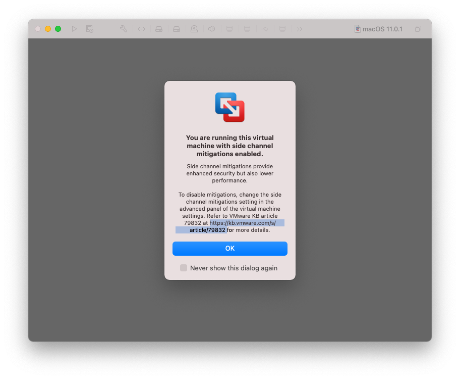 VMware Fusion new virtual machine 'Side channel mitigations' warning