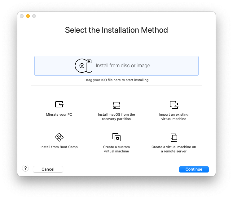VMware Fusion Select the installlation method screen