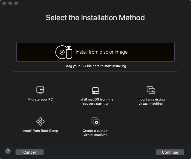 VMware Fusion new virtual machine screen