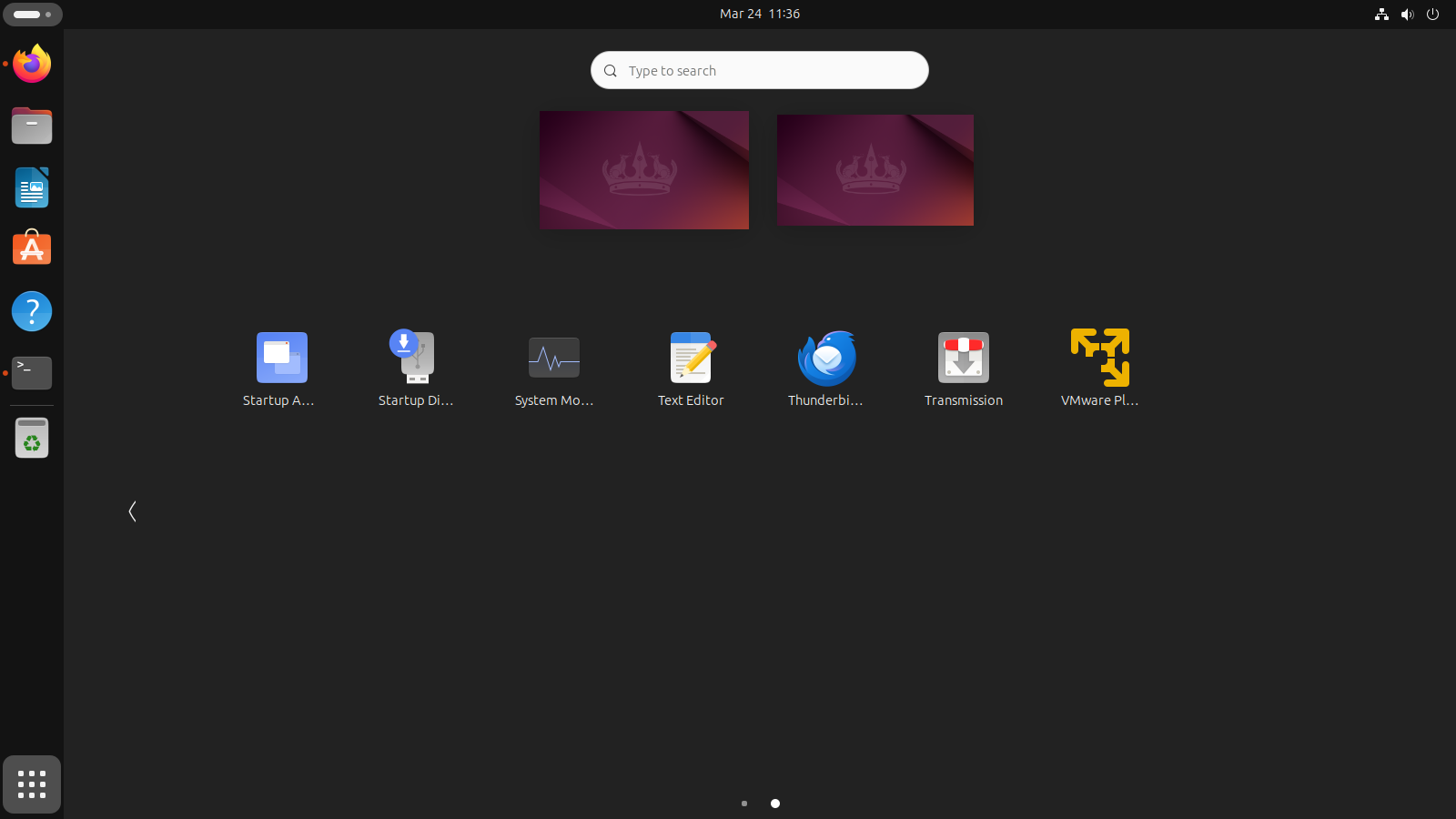 VMware Workstation Player in the Ubuntu Apps List