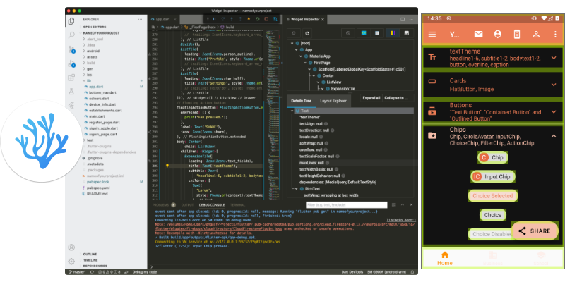 VSCodium Icon from VSCodium GitHub licensed under MIT, Screenshot of Editor and App running on Android
