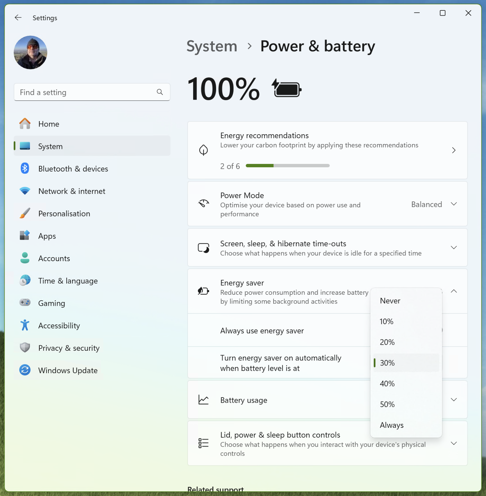 Windows 11 24H2 Energy Saver screenshot