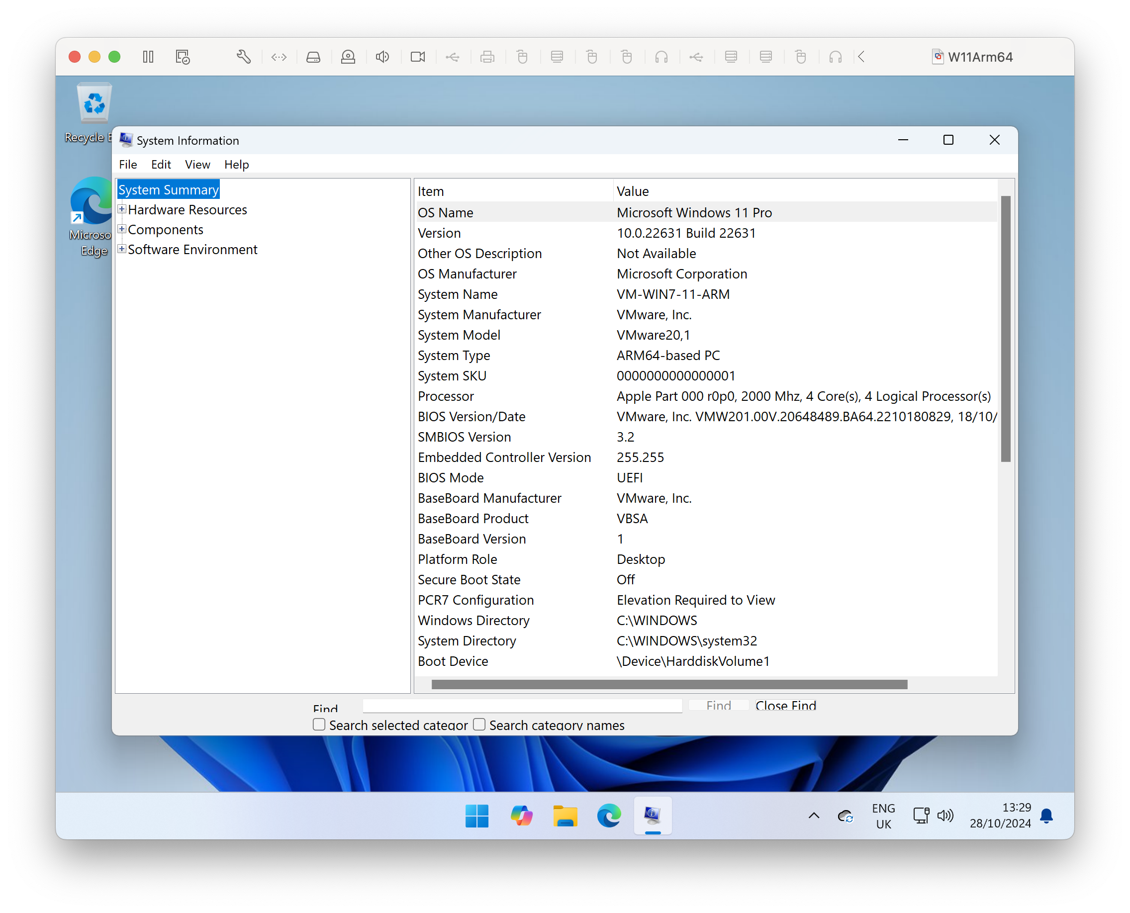 Windows 11 System Information, inside VMware Fusion, on MacOS Sequoia on an Apple Mac Studio